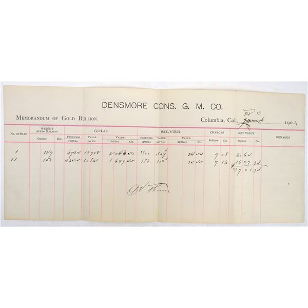 Densmore Consolidated Gold Mine Co. Assay Document  c.1902 [194546]
