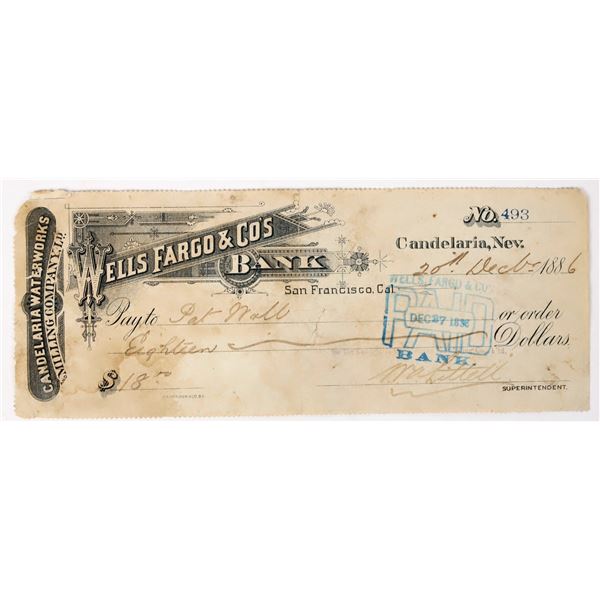 Candelaria Waterworks & Milling Co. Check, Candelaria, Nevada, 1886--Only Known Example! [197963]