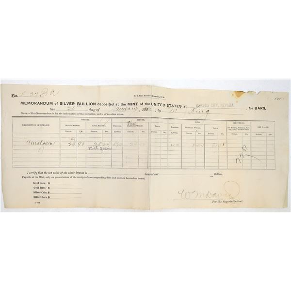 Carson City Mint Assay Document  c.1915 [194548]