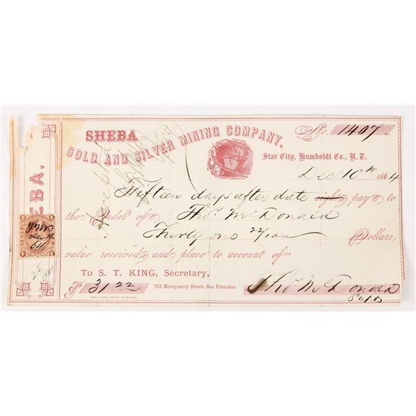 Sheba Gold & Silver Mining Company Draft / Check, Star City, Nevada, 1864 [198150]