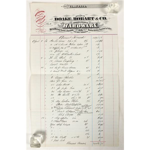 Virginia City, Nevada Mining Hardware Billhead Lith. by GT Brown, 1875 [195498]