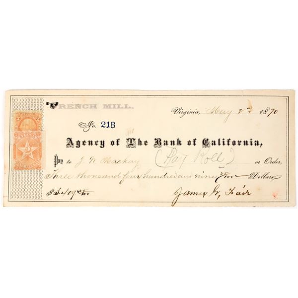 Trench Mill Check to John Mackay from James Fair, Virginia City, 1870 [198128]