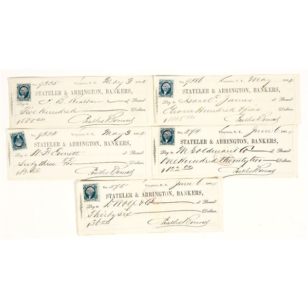 Stateler & Arrington, Gould & Curry, Virginia City, Nevada Territory Check Group (5) [199186]