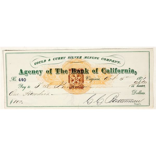 Virginia City, Nevada Mining Check Issued to TD Parkinson (Famous GT Brown Comstock Map) [200355]