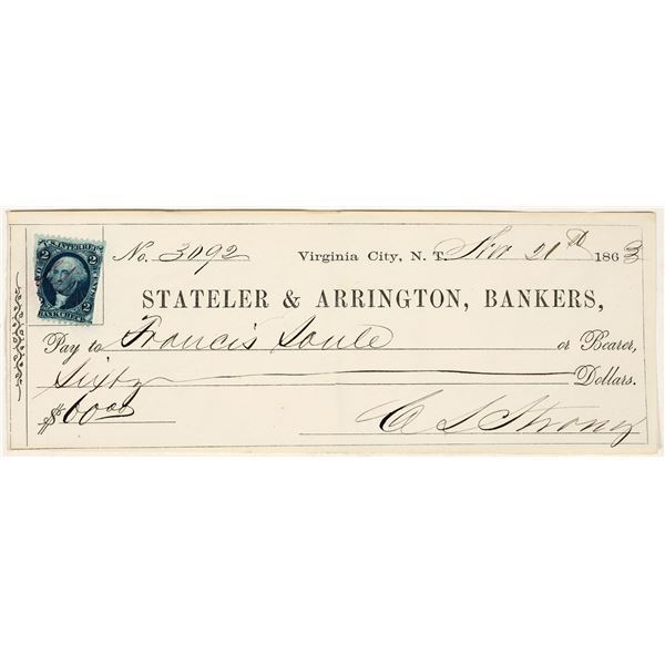 Virginia City, Nevada Territory Check Issued to Police Officer / Miner [200781]