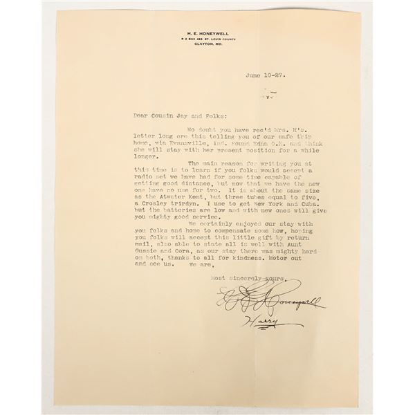 Balloon Racer Henry Honeywell Autograph, 1927 [187197]