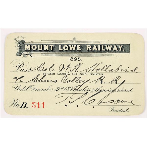 Mt. Lowe Railway Annual Pass, 1895, Signed by Lowe [207338]