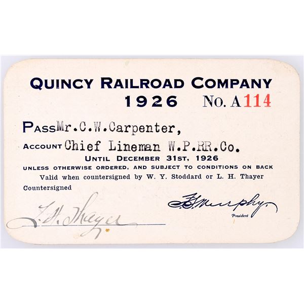 Quincy Railroad Co. Annual Pass, 1926 [179501]