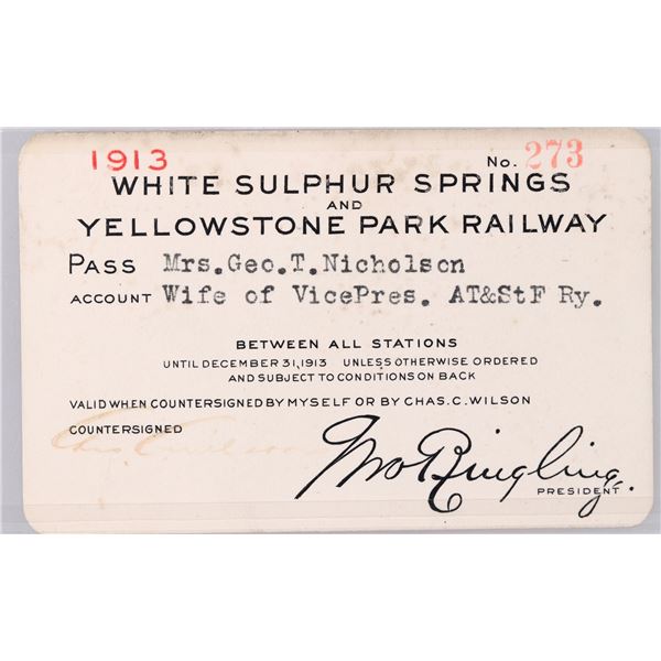White Sulphur Springs & Yellowstone Park  Railway Annual Pass, 1913 [179552]