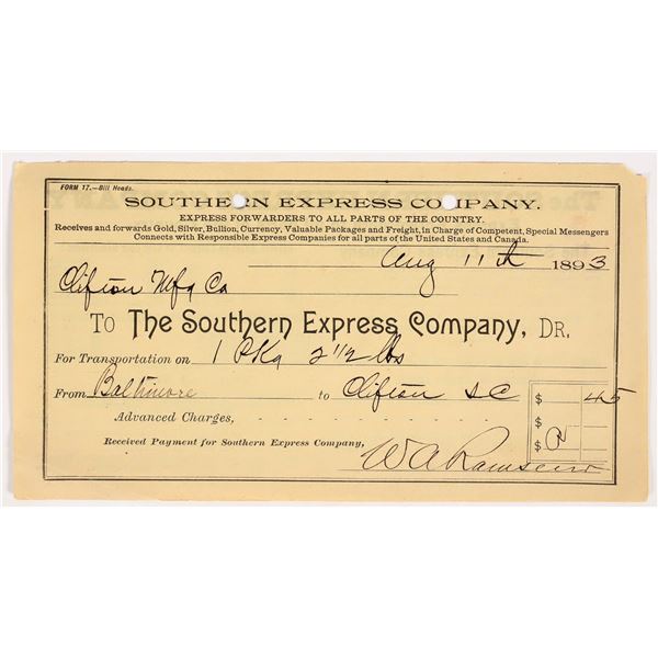 Southern Express Company Railway Receipt, 1893 [195009]