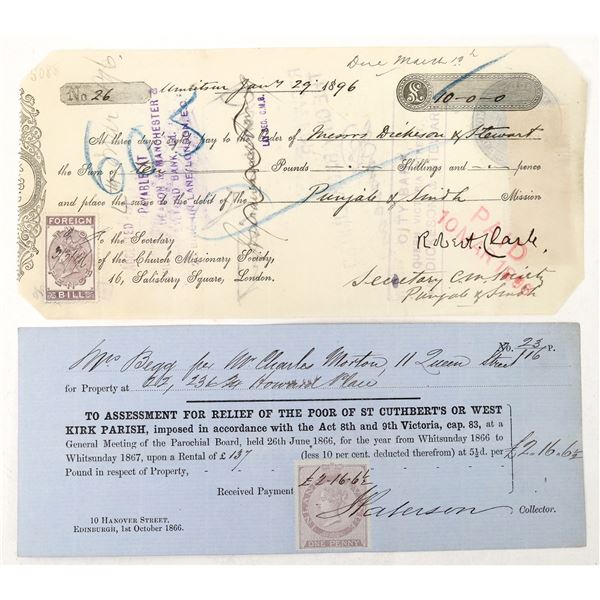 British Adhesive Stamps on Checks Pair [193703]