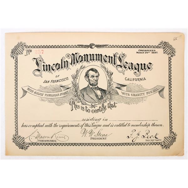 Lincoln Monument League Certificate [207026]