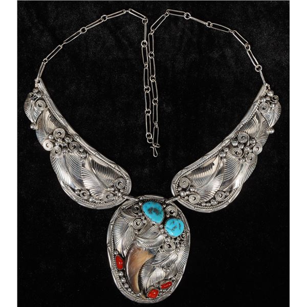 Vintage Navajo Necklace With Bear Claw, Turquoise And Coral [202785]