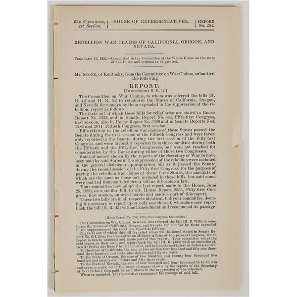 Rebellion War Claims of California, Oregon and Nevada, House of Representatives Report  [205045]