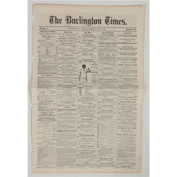 Burlington Times Civil War Newspaper 1862 w/Tucson, Arizona Mention [205260]