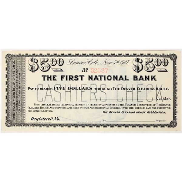 First National Bank, Denver, $5 Depression Scrip, 1907 [204523]