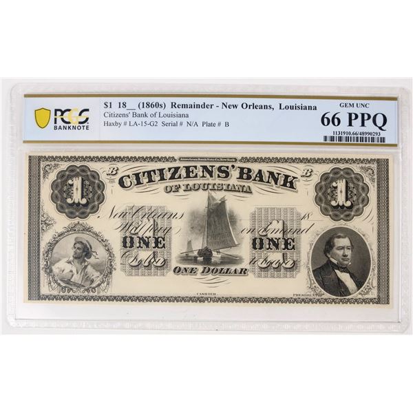 Citizens' Bank of Louisiana $1 Note Gem Unc. 66 PPQ [206079]