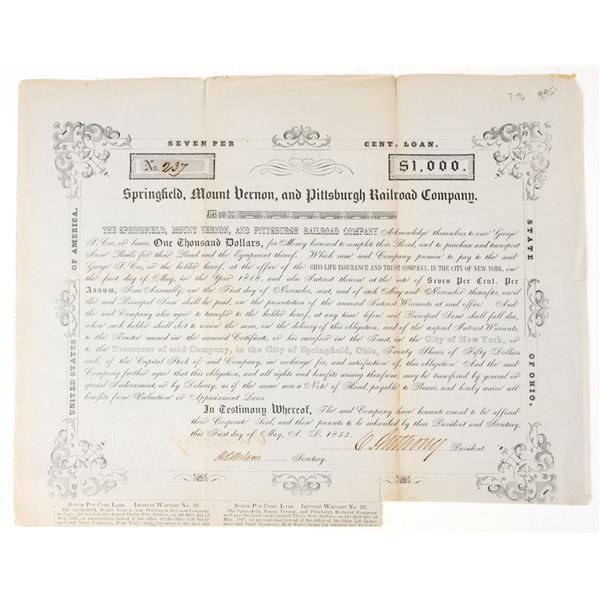 Springfield, Mount Vernon, and Pittsburgh RR Co. $1000 Bond 1853 [207627]