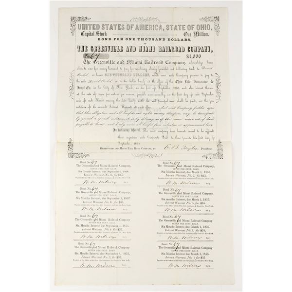 Greenville and Miami Railroad Company $1000 Bond 1854 [207628]