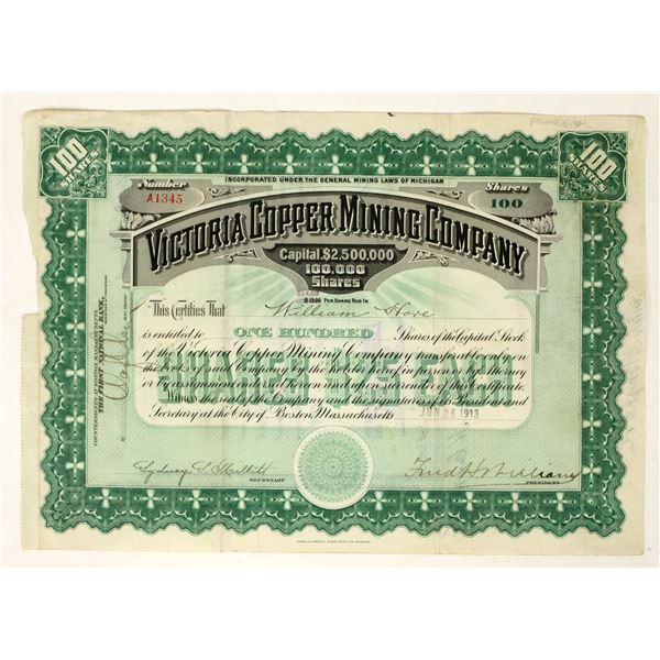 Victoria Copper Mining Company Stock Certificate, 1913 [207371]