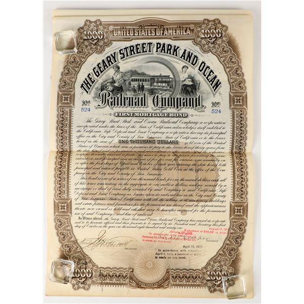 Geary Street Park & Ocean Railroad Bond Signed by Crocker [207641]