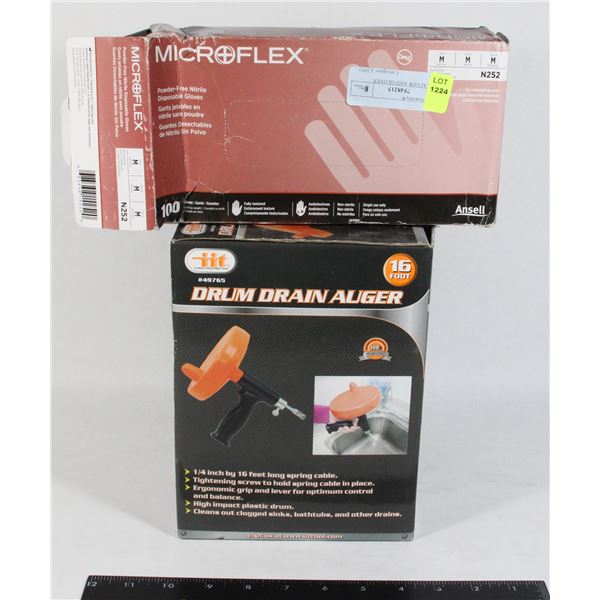 DRAIN AUGER AND GLOVES