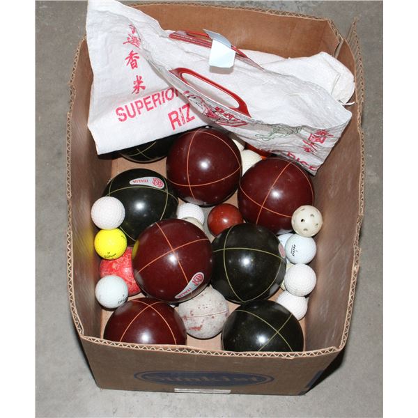 MIXED LOT OF BALLS INCLUDING GOLFBALLS, BOCCE BALL