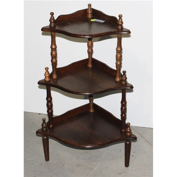 VINTAGE THREE-TIERED WOODEN CORNER SHELF