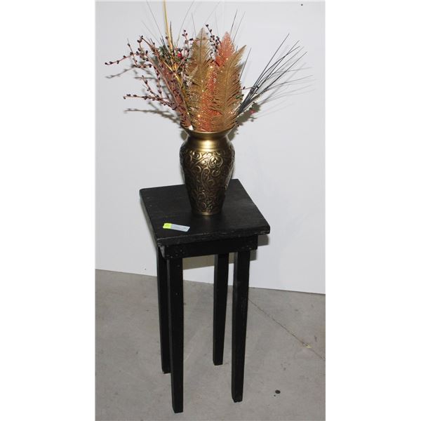 BRASS VASE WITH ARTIFICIAL FLORAL/BLACK WOOD STOOL