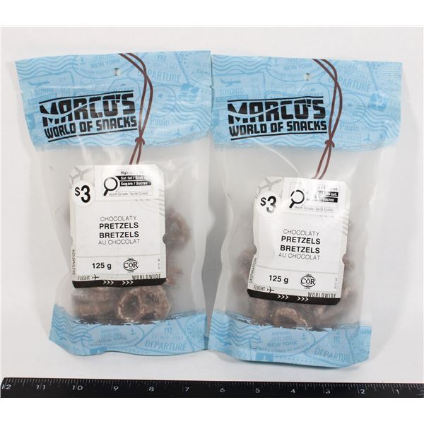 TWO BAGS OF MARCO'S CHOCOLATY PRETZELS 125G