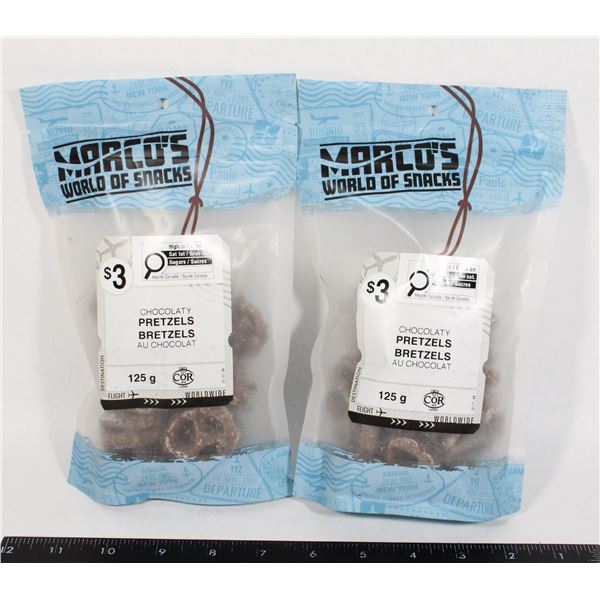TWO BAGS OF MARCO'S CHOCOLATY PRETZELS 125G