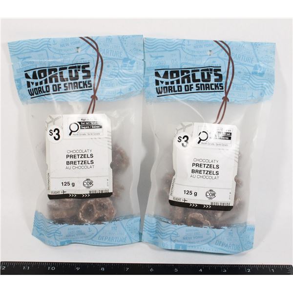 TWO BAGS OF MARCO'S CHOCOLATY PRETZELS 125G