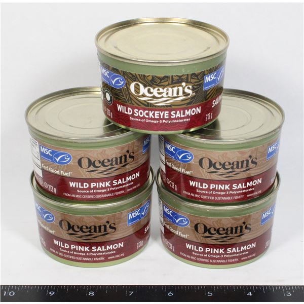 5 CANS OF OCEAN'S WILD PINK SALMON CANNED 213G