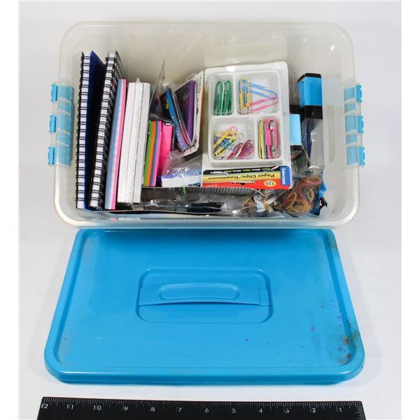 SMALL TOTE OF STATIONARY AND OFFICE SUPPLIES