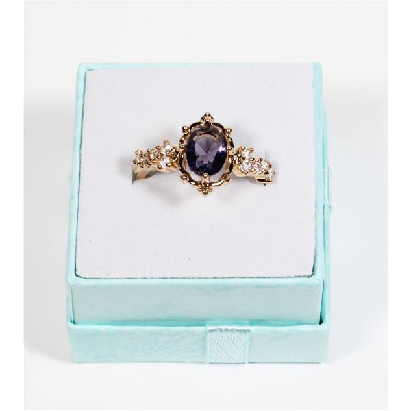 NEW SIZE 7 GOLD TONE PURPLE OVAL RHINESTONE RING