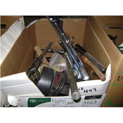 BOX OF MIXED HAND TOOLS, WRENCHES, HAMMERS