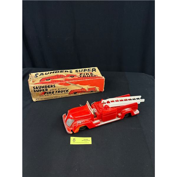 Vintage Saunders Super Wind Up Mechanical Firetruck w/ Original Box