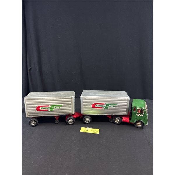 Vintage Canadian Freightways Tin Friction Truck w/ Two Trailers