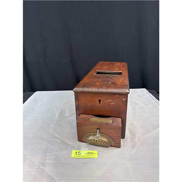 Antique Wooden Cash Register Drawer With Key and Paper