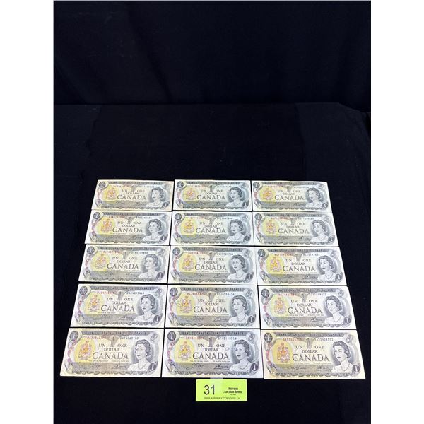 Lot of 15 1973 Bank of Canada One Dollar Bills