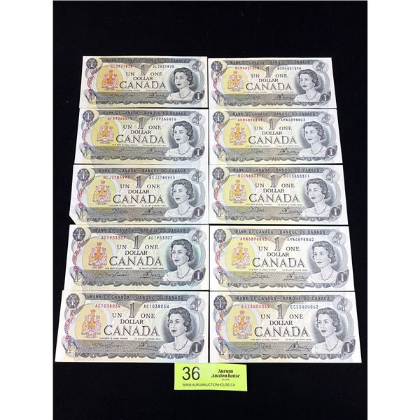 Lot of 10 1973 Bank of Canada One Dollar Bills
