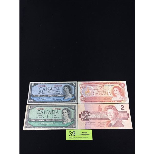 Lot of 4 Bank of Canada Bills: 1954 One Dollar Bill, 1954 Five Dollars Bill, 1986 Two Dollars Bill, 