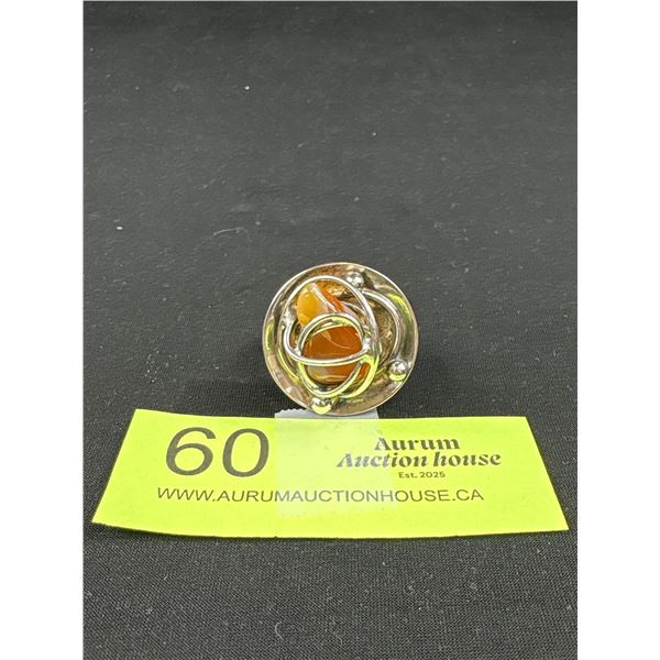 Vintage DS Hand Made Denmark Sterling Silver Agate Stone Free Style Ring Self Adjusting Ring Size