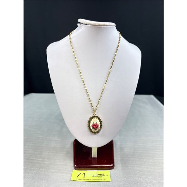 Vintage Hand Embroidered Pendant w/ Gold Colour Chain Necklace