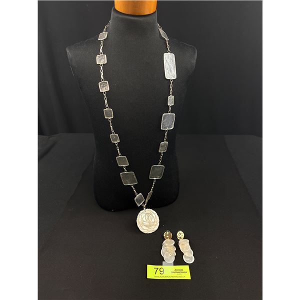 Unusual Silver Framed Shell Links Chain Necklace w/ Mother of Pearl Pendant + Pair of Earrings