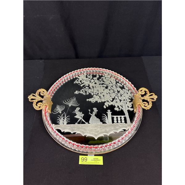 Stunning Murano 14" Mirrored Tray, Etched w/ Venetian Scene
