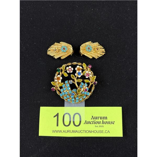 Weiss 1-1.5" 3D Enamel and Rhinestone Brooch and Earrings