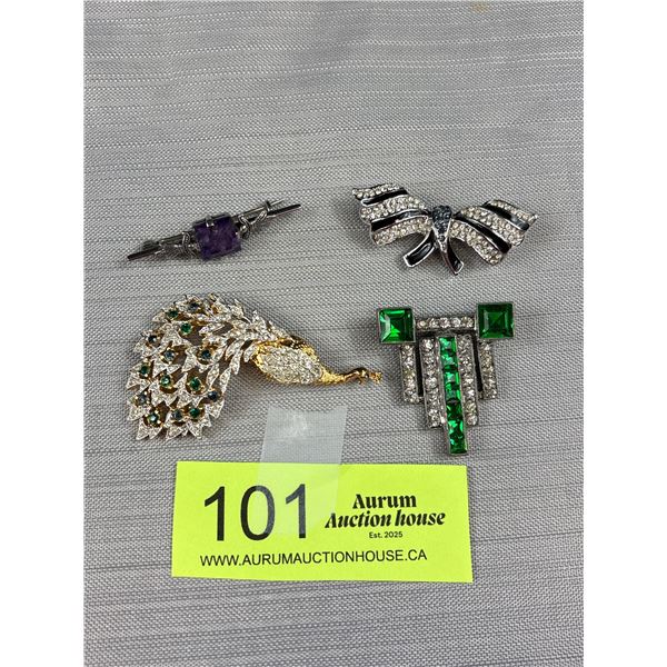 Peacock Brooch Together w/ 3 Other Vintage Brooches