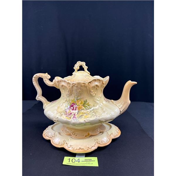 Victorian Teapot Complete w/ Original Stand (Repair to Teapot Rim)