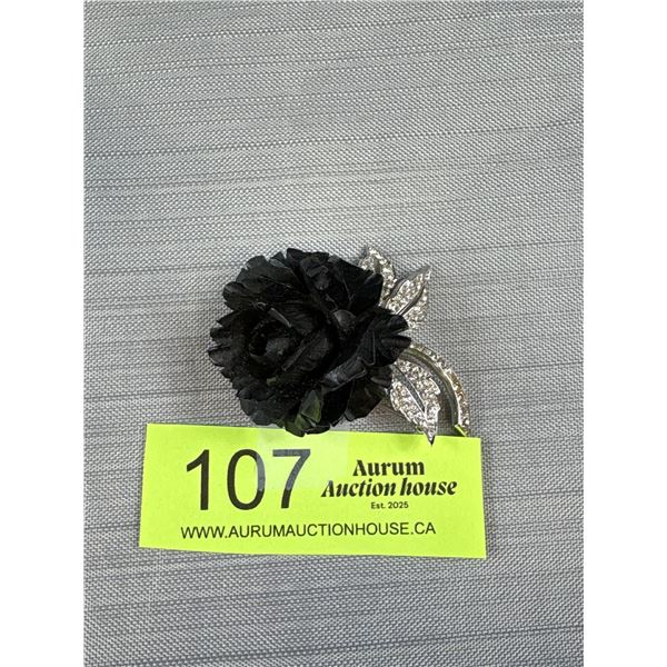 Marcel Boucher Carved Rose Brooch w/ Rhinestone Leaves
